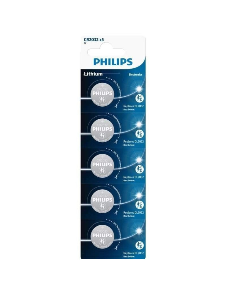 Pack de 5 Pilas de Botón Philips CR2032P5/01B Lithium/ 3V