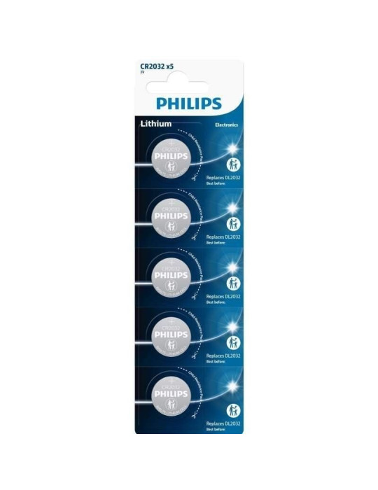 Pack de 5 Pilas de Botón Philips CR2032P5/01B Lithium/ 3V