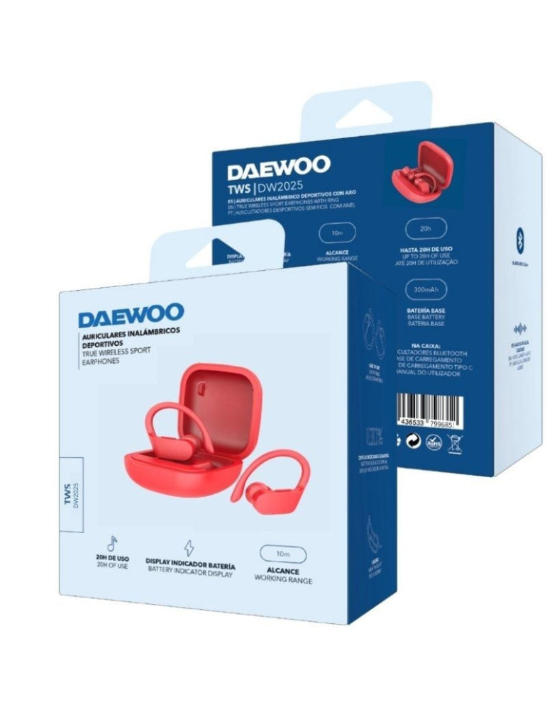 Auriculares Deportivos Bluetooth Daewoo DW2025 con estuche de carga/ Autonomía 5h/ Rojos