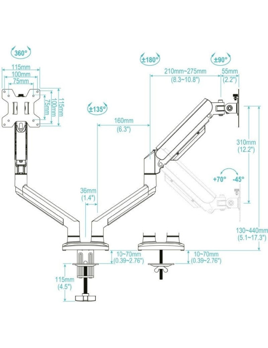 Soporte de Mesa para 2 Monitores TooQ DB1434TNR-W/ Giratorio/ Inclinable/ hasta 10kg