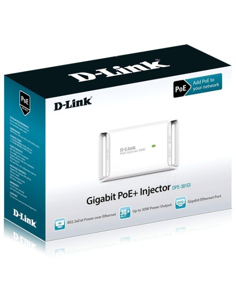 Inyector PoE D-Link DPE-301GI/ 802.3at/af/ 2 Puertos RJ45