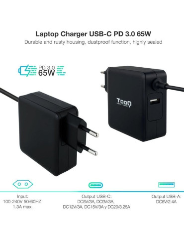 Cargador de Portátil TooQ TQLC-USBC65PD USB Tipo-C/ 1xUSB/ 65W/ Automático/ Voltaje 5-20V 2