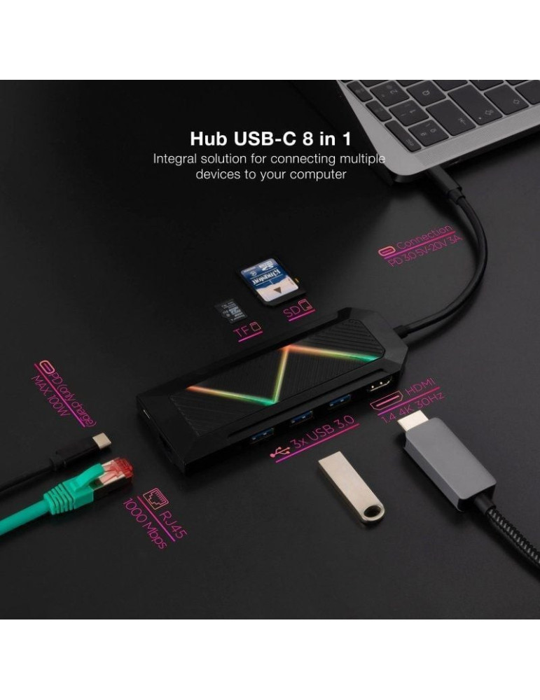 Docking USB Tipo-C Nanocable 10.16.0801/ 3xUSB/ 1xUSB Tipo-C PD/ 1xHDMI/ 1xRJ45/ 1xLector Tarjetas SD TF