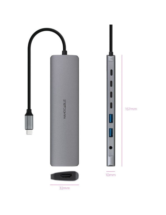 Docking Tipo-C Nanocable 10.16.4608/ 2xUSB/ 3xUSB Tipo-C/ 1xHDMI 4K/ 1xJack 3.5/ 1xUSB Tipo-C PD/ Gris