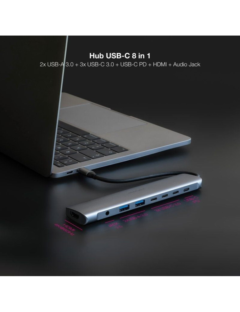 Docking Tipo-C Nanocable 10.16.4608/ 2xUSB/ 3xUSB Tipo-C/ 1xHDMI 4K/ 1xJack 3.5/ 1xUSB Tipo-C PD/ Gris