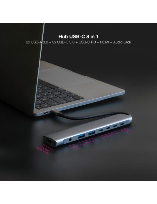 Docking Tipo-C Nanocable 10.16.4608/ 2xUSB/ 3xUSB Tipo-C/ 1xHDMI 4K/ 1xJack 3.5/ 1xUSB Tipo-C PD/ Gris