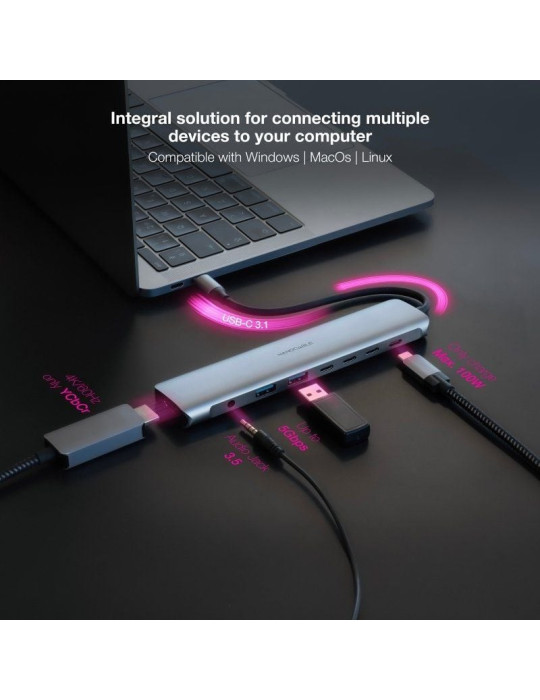 Docking Tipo-C Nanocable 10.16.4608/ 2xUSB/ 3xUSB Tipo-C/ 1xHDMI 4K/ 1xJack 3.5/ 1xUSB Tipo-C PD/ Gris