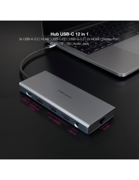 Docking Tipo-C Nanocable 10.16.4612/ 3xUSB/ 1xUSB Tipo-C/ 2xHDMI 4K/ 1xDisplayPort/ 1xRJ45/ 1xLector tarjetas/ 1xJack 3.5/ 1xUSB