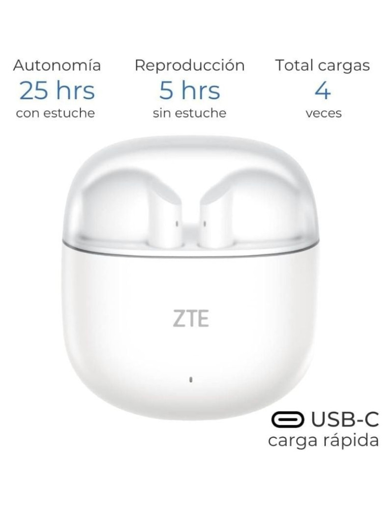 Auriculares Bluetooth ZTE Buds 2 con estuche de carga/ Autonomía 5h/ Blancos