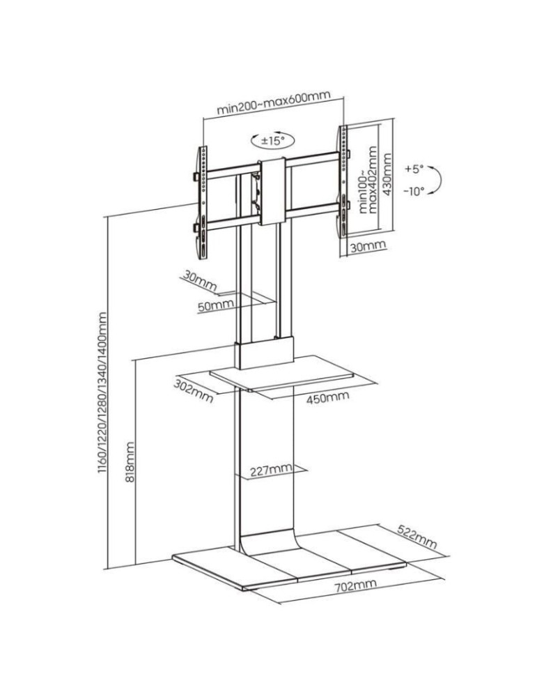 Soporte de Suelo Inclinable/ Giratorio con Bandeja DVD Aisens FT86TSE-399 para TV de 37-86"/ hasta 50kg