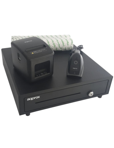 Pack para TPV Approx appPOSPACK4180USB-2D/ Cajón Portamonedas + Impresora Térmica de Tickets + Lector de Códigos + Rollos Térmic