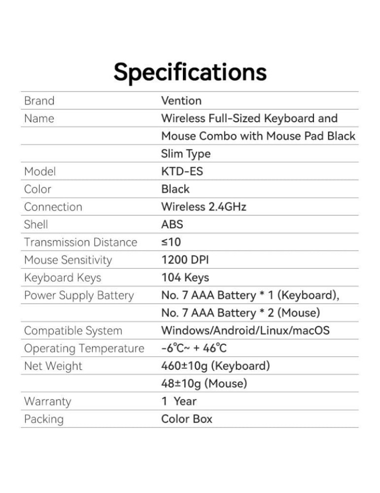 Teclado y Ratón Inalámbricos Vention Combo KTDB0-ES