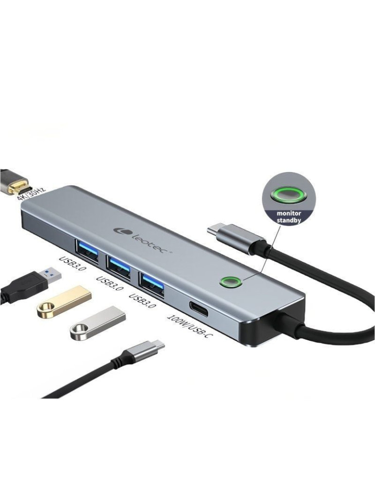 Docking USB Tipo-C Leotec LEDS05/ 3xUSB/ 1xUSB Tipo-C PD/ 1xHDMI 4K/ Gris
