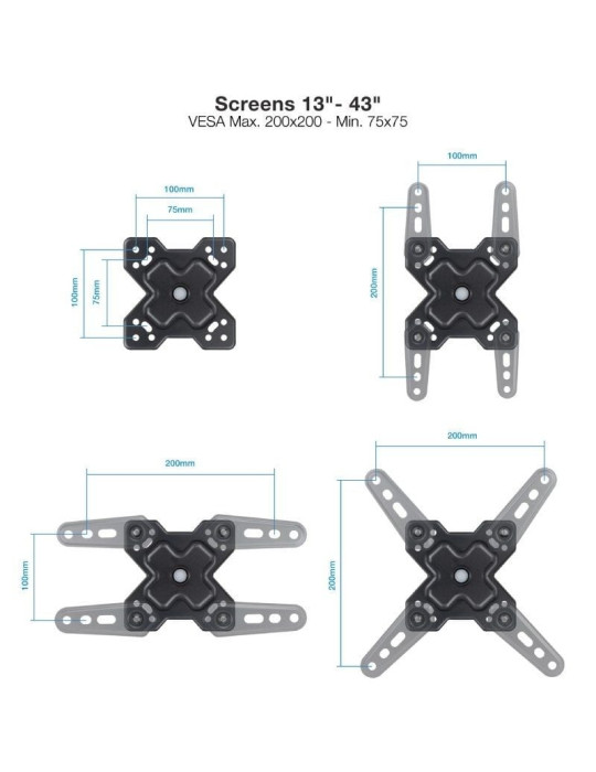 Soporte de Pared Extensible/ Giratorio/ Inclinable TooQ LP1344TN-B para TV de 13-43"/ hasta 20kg