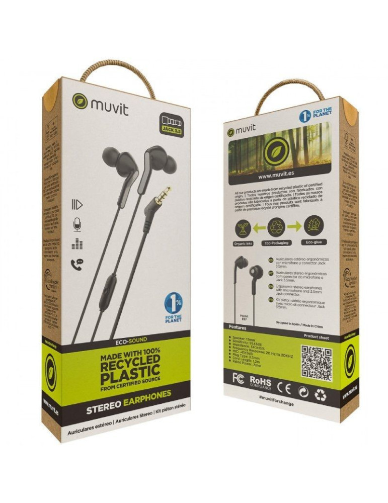 Auriculares Intrauditivos Muvit For Change MCHPH0004/ con Micrófono/ Jack 3.5/ Negros