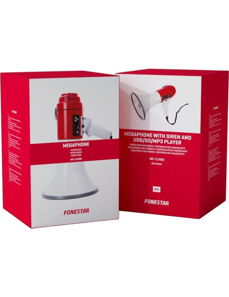 Megáfono con sirena Fonestar MF-114SU/ 25W/ USB/ SD/ a Pilas/ a 12V CC