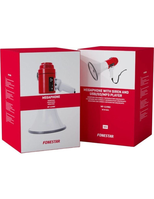 Megáfono con sirena Fonestar MF-114SU/ 25W/ USB/ SD/ a Pilas/ a 12V CC