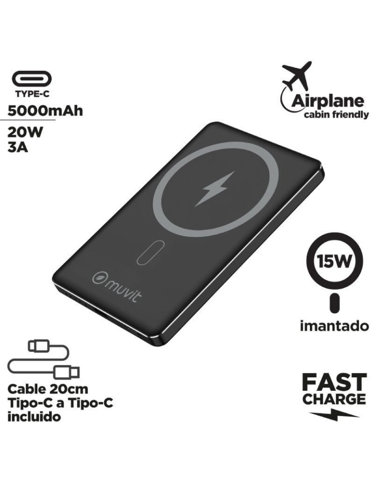 Powerbank 5000mAh Muvit For Change MCCHP0009/ 20W/ Wireless/ Negra/ Incluye Cable USB Tipo-C