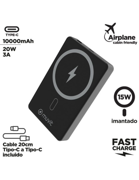 Powerbank 10000mAh Muvit For Change MCCHP0010/ 20W/ Wireless/ Negra/ Incluye Cable USB Tipo-C