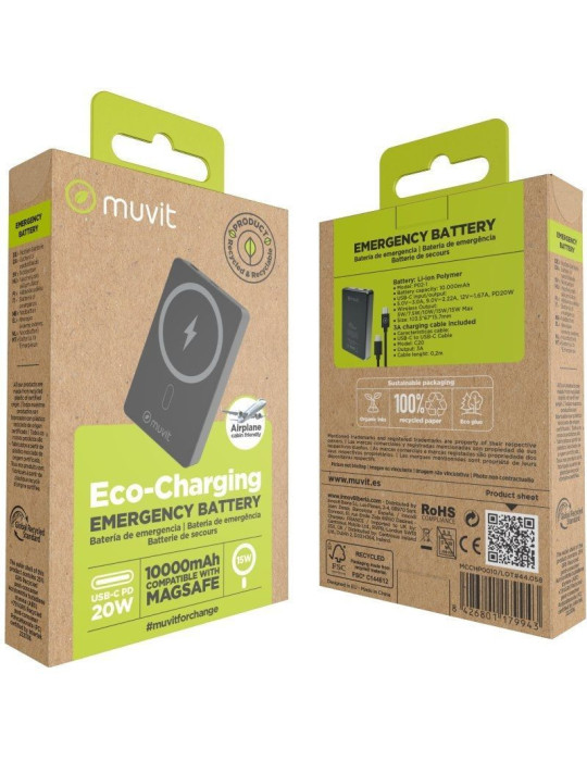 Powerbank 10000mAh Muvit For Change MCCHP0010/ 20W/ Wireless/ Negra/ Incluye Cable USB Tipo-C
