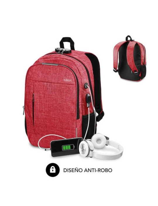 Mochila Subblim Urban Lock para Portátiles hasta 16"/ Puerto USB/ Antirrobo/ Roja