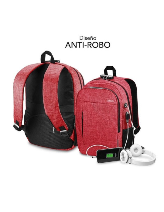 Mochila Subblim Urban Lock para Portátiles hasta 16"/ Puerto USB/ Antirrobo/ Roja