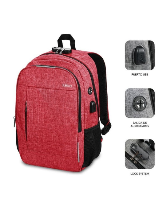 Mochila Subblim Urban Lock para Portátiles hasta 16"/ Puerto USB/ Antirrobo/ Roja