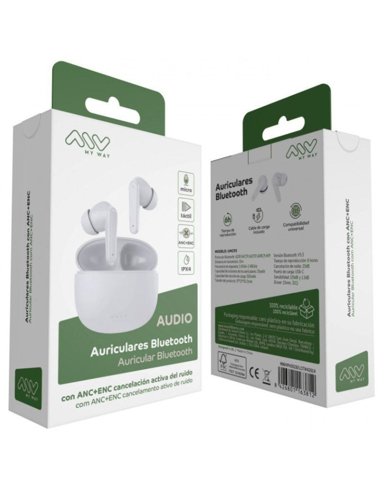 Auriculares Bluetooth Myway MWHPH0028 con estuche de carga/ Autonomía 6h/ Blancos