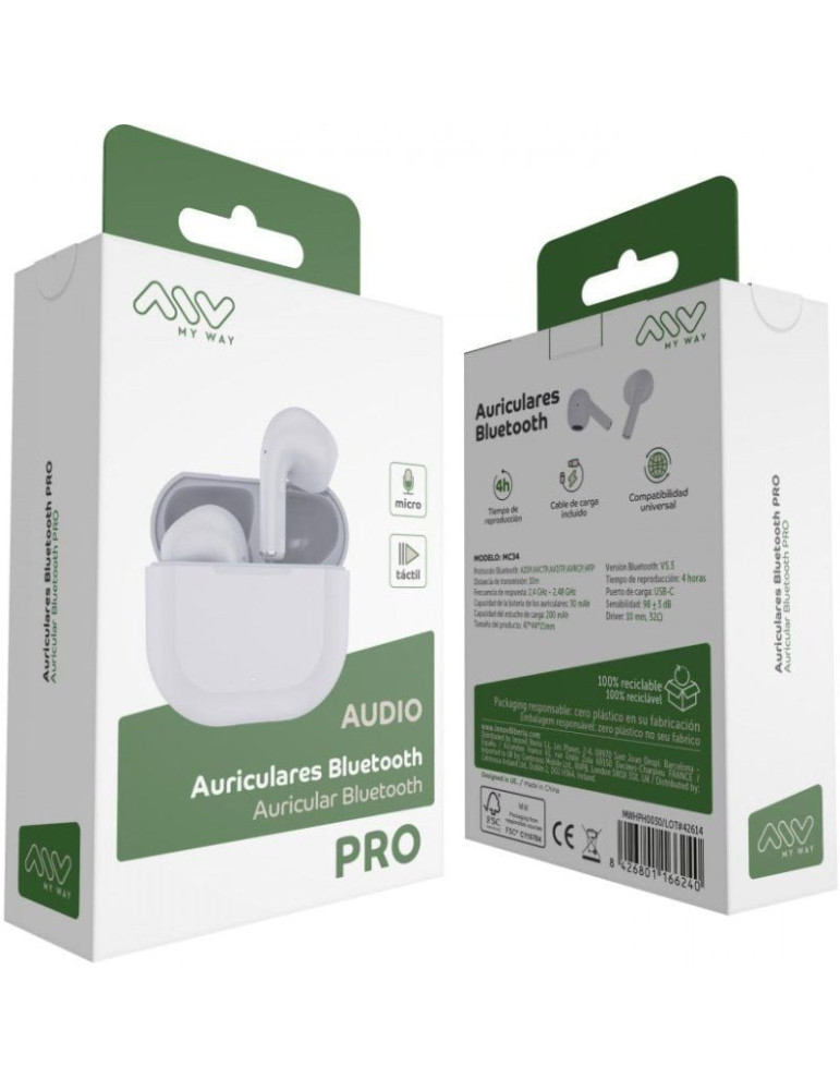Auriculares Bluetooth Myway Wireless Touch MWHPH0030 con estuche de carga/ Autonomía 3h/ Blancos