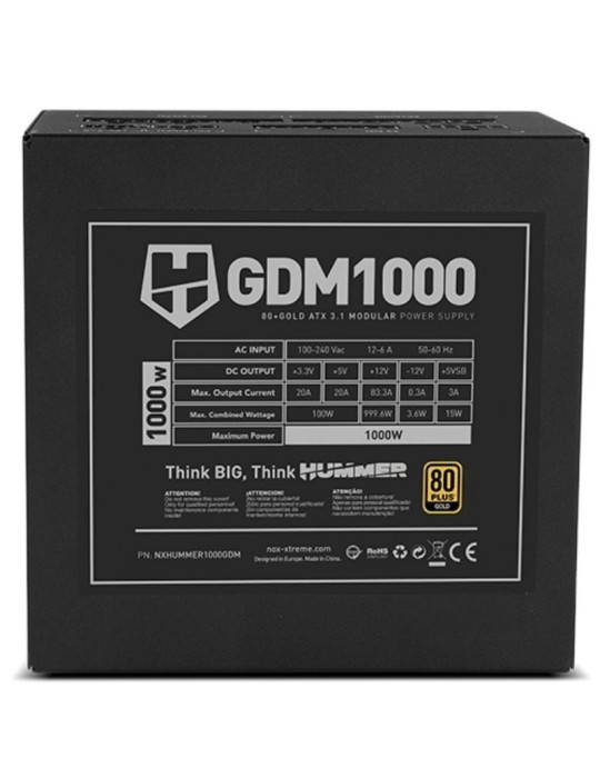 Fuente de Alimentación Nox Hummer GDM/ 1000W/ Ventilador 12cm/ 80 Plus Gold