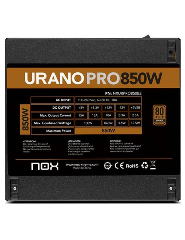 Fuente de Alimentación Nox Hummer Urano Pro/ 850W/ Ventilador 12cm/ 80 Plus Bronze