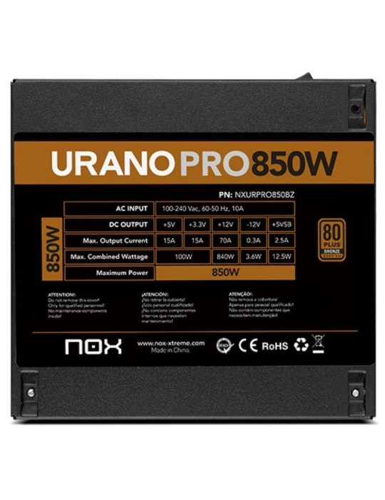 Fuente de Alimentación Nox Hummer Urano Pro/ 850W/ Ventilador 12cm/ 80 Plus Bronze