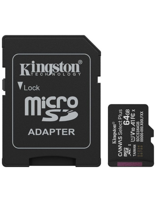 Tarjeta de Memoria Kingston CANVAS Select Plus 64GB microSD XC con Adaptador/ Clase 10/ 100MBs