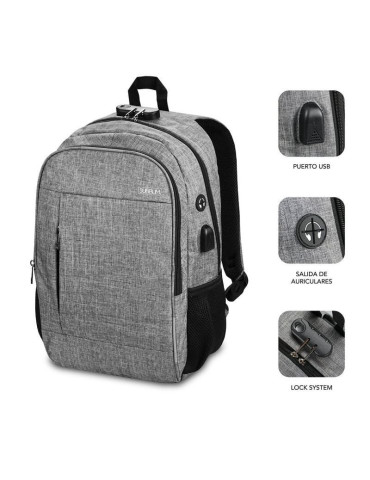 Mochila Subblim Urban Lock para Portátiles hasta 16"/ Puerto USB/ Antirrobo/ Gris 2