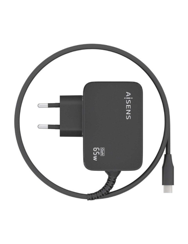 Cargador de Portátil GaN Aisens ASCH-1PD65WL033-BK/ 1xUSB Tipo-C + Cable 1.8m/ 65W/ Automático/ Voltaje 5-20V