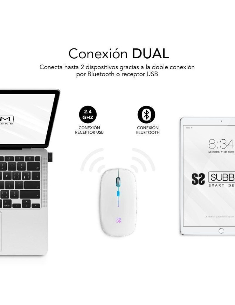 Ratón Inalámbrico por Bluetooth Subblim LED Dual Flat/ Batería recargable/ Hasta 1600 DPI/ Blanco