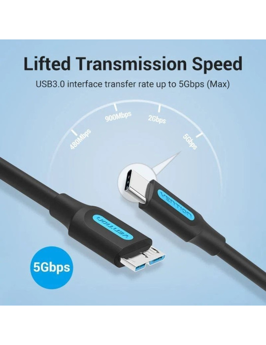 Cable USB 3.0 Vention CQABD/ microUSB Macho - USB Tipo-C Macho/ 5Gbps/ 50cm/ Negro
