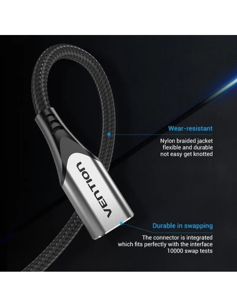 Cable Alargador USB 3.1 Tipo-C Vention TABHF/ USB Tipo-C Macho - USB Tipo-C Hembra/ Hasta 60W/ 5Gbps/ 1m/ Gris