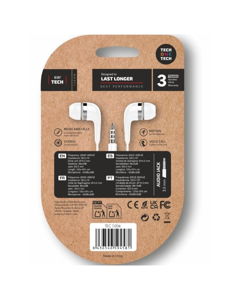 Auriculares Intrauditivos Tech One Tech soft earTECH TEC1004/ con Micrófono/ Jack 3.5/ Blancos