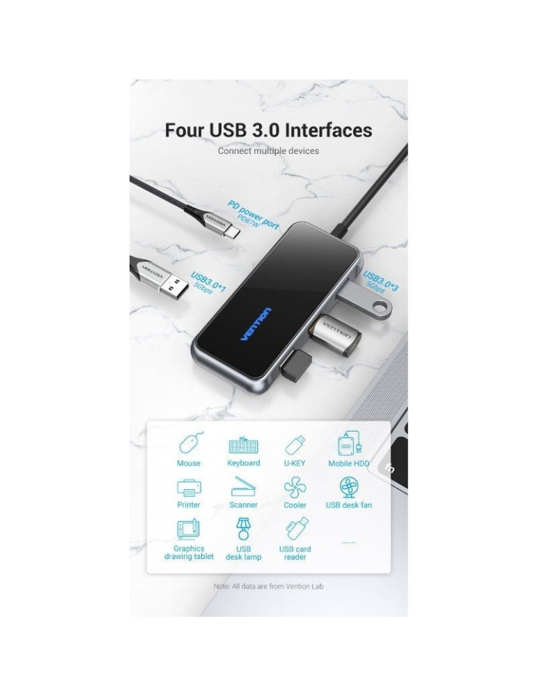 Hub USB Tipo-C Vention TFDHB/ 4xUSB/ 1xUSB Tipo-C PD/ Gris