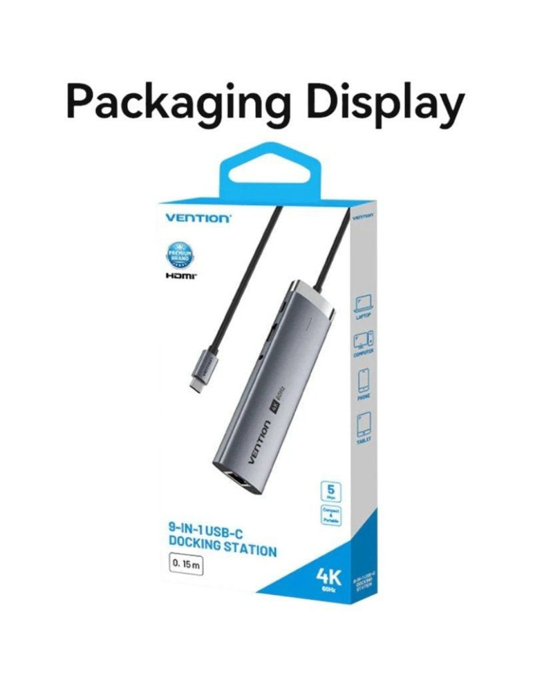 Hub USB Tipo-C 3.2 Vention TGVHB/ 2xUSB/ 1xUSB Tipo-C PD/ 1xUSB Tipo-C/ 1xRJ45/ 1xLector de Tarjetas/ 1xJack 3.5mm/ 1xHDMI/ 15cm