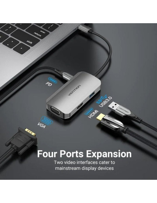 Docking USB Tipo-C Vention TOAHB/ 1xHDMI 4K/ 1xVGA/ 1xUSB/ 1xUSB Tipo-C PD/ Gris