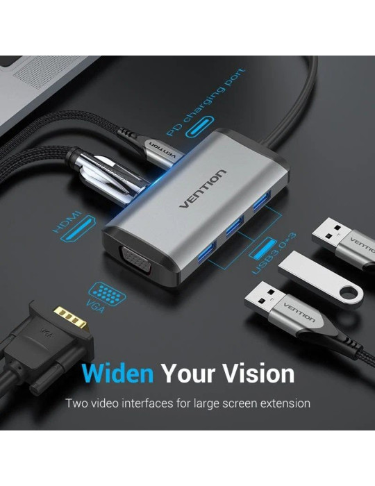 Docking USB Tipo-C Vention TGSHB/ 3xUSB/ 1xHDMI 4K/ 1xVGA/ 1xUSB Tipo-C PD/ Gris