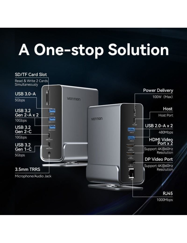 Docking USB Tipo-C Vention TPUH0/ 2xHDMI 4K/ 1xDisplayPort/ 3xUSB Tipo-C/ 5xUSB/ 1xRJ45/ 1xLector de Tarjetas/ 1xJack 3.5/ 1xUSB