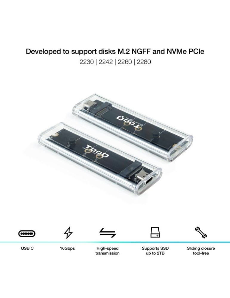 Caja Externa para Disco SSD M.2 NVMe TooQ TQE-2200/ USB 3.1 Gen2/ Sin tornillos