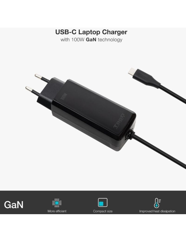 Cargador de Portátil GaN TooQ TQLC-USBCGAN100PD-C USB Tipo-C/ 100W/ Automático/ Voltaje 5-20V