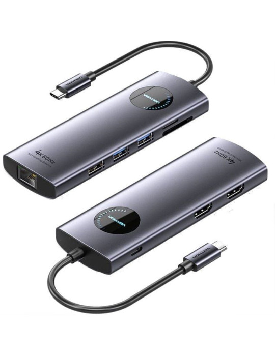 Docking USB Tipo-C Vention TQVHB/ 2xHDMI 4K/ 3xUSB/ 1xRJ45/ 1xLector de Tarjetas/ 1xUSB Tipo-C PD/ Gris