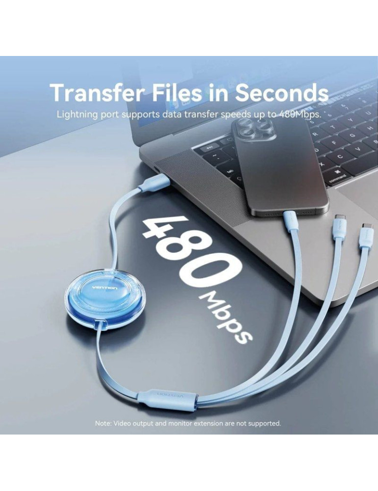 Cable USB Retráctil Vention TRJBBE/ USB Macho - Lightning/ 2xUSB Tipo-C/ Hasta 17.5W/ 10Gbps/ 1.1m/ Negro