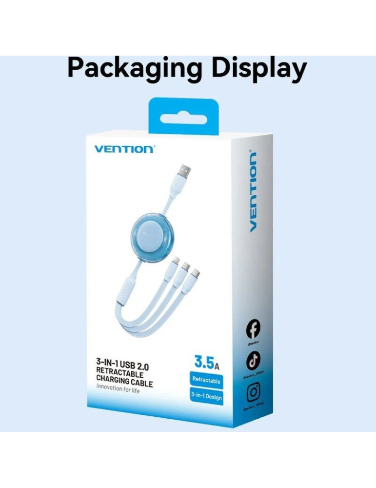 Cable USB Retráctil Vention TRJBBE/ USB Macho - Lightning/ 2xUSB Tipo-C/ Hasta 17.5W/ 10Gbps/ 1.1m/ Negro