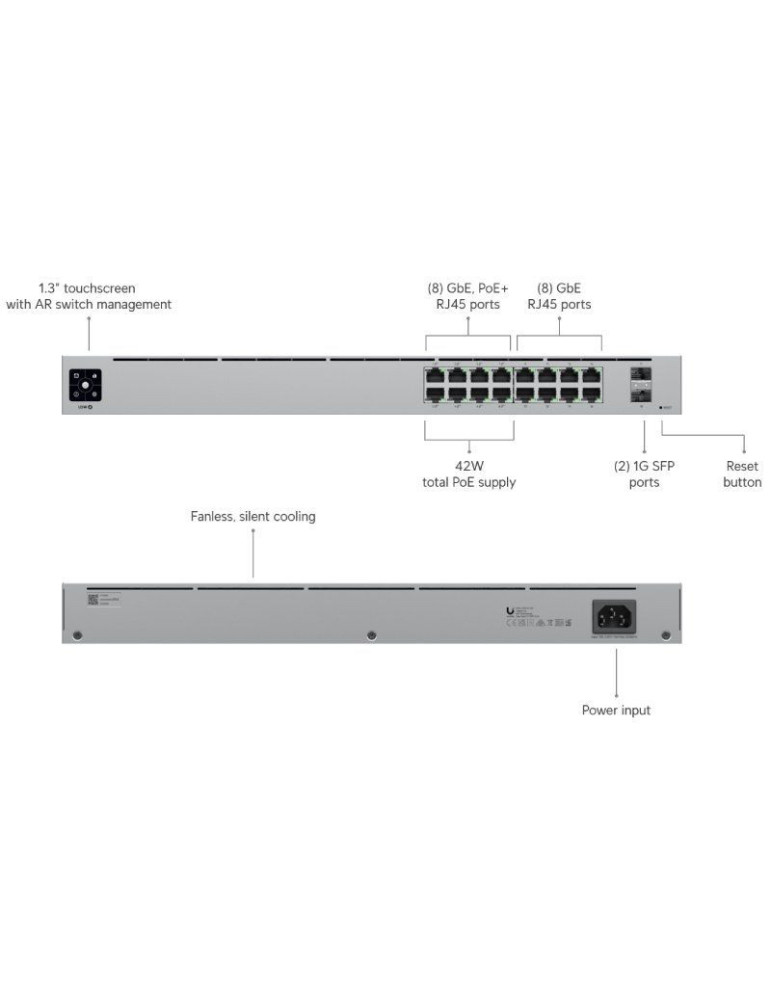 Switch Gestionable Ubiquiti USW-16-POE 16 Puertos/ RJ-45 Gigabit 10/100/1000/ SFP/ PoE+